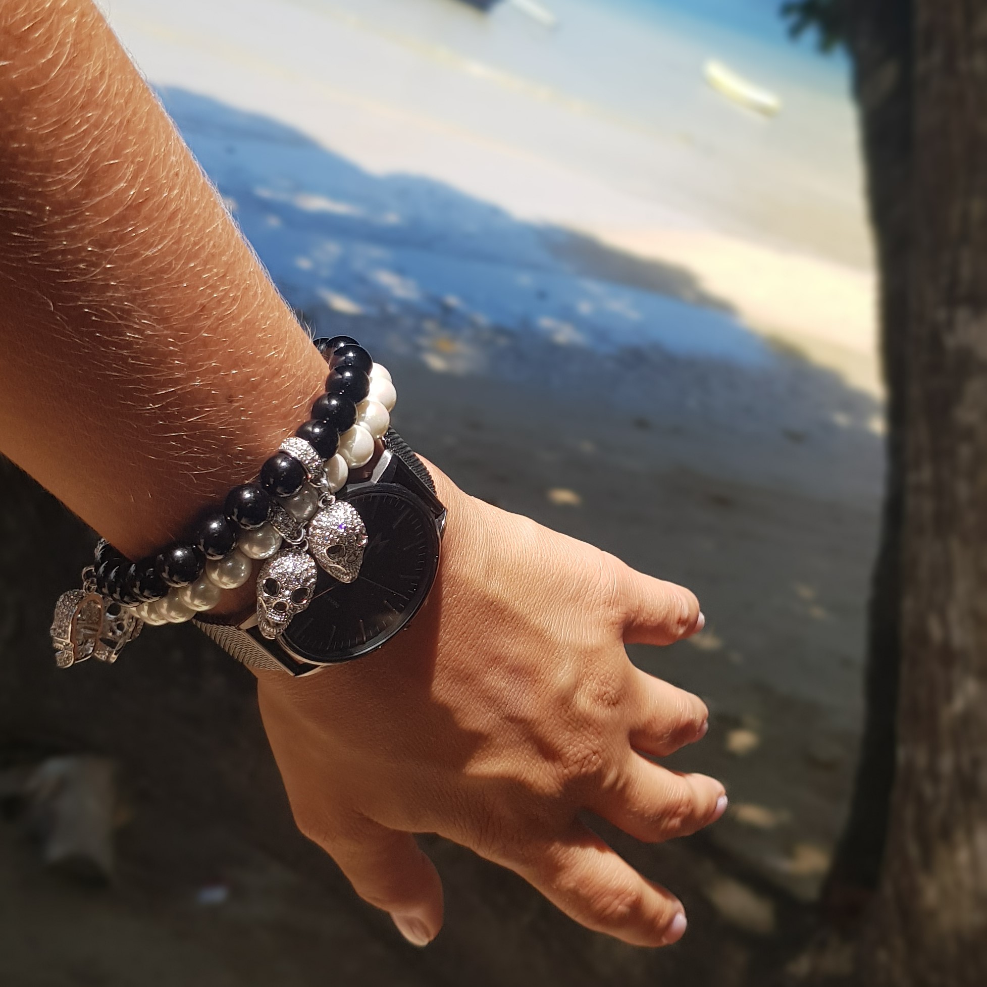 wearing skull bracelets